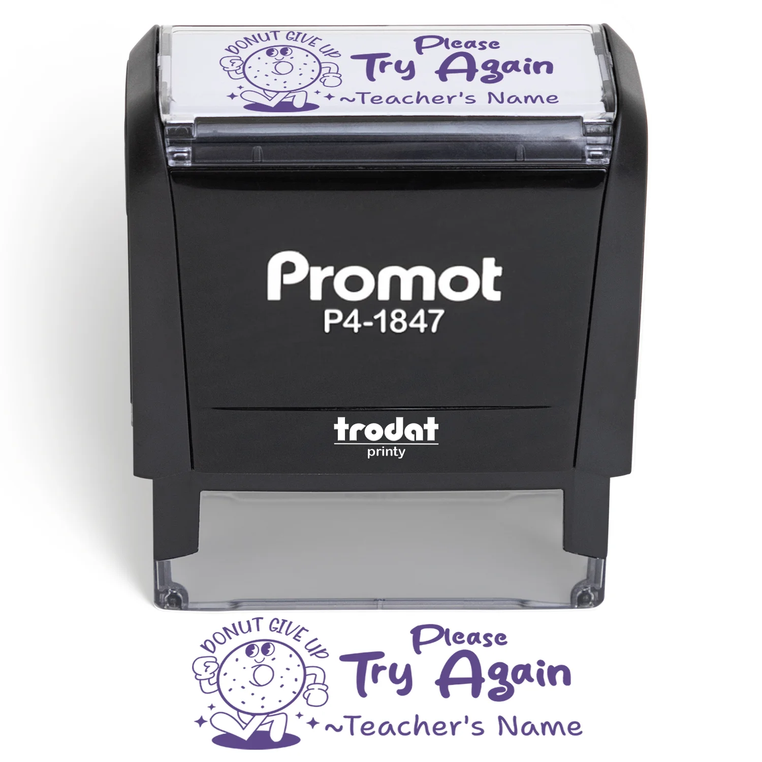 Teacher Custom Rubber Stamp "Please Try Again" - Medium with multiple designs and ink color options for personalized teacher feedback.